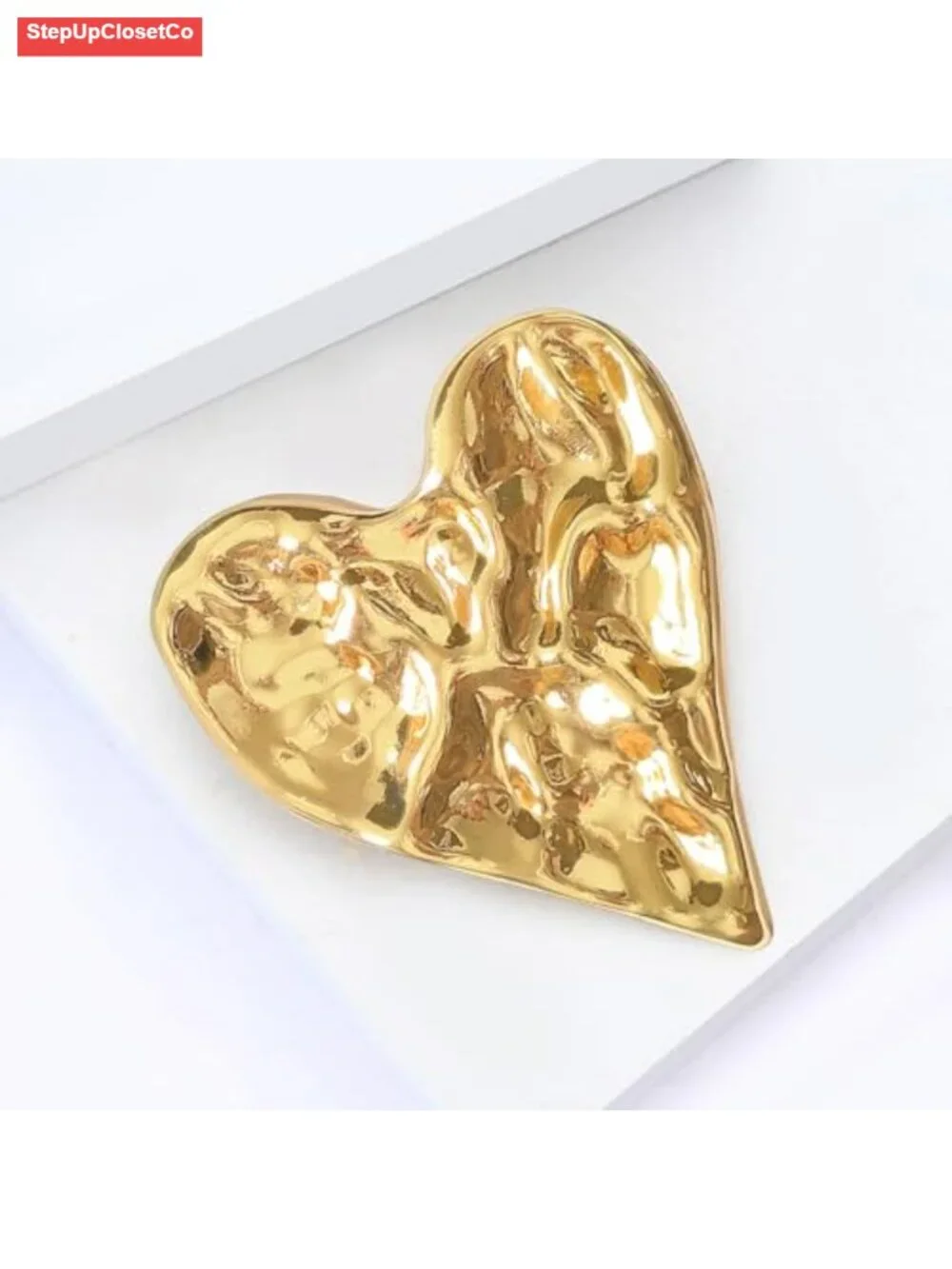 Irregular Hammered Chunky Heart Brooch Pin for Women, Lustrous Gold Finish